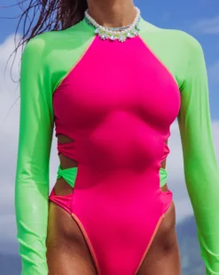 LoveShackFancy X Hurley - Max Solid Blocked Bow Cheeky Surf Suit -HURLEY Shop HLSFO104 MAGENTANEONLIME 3